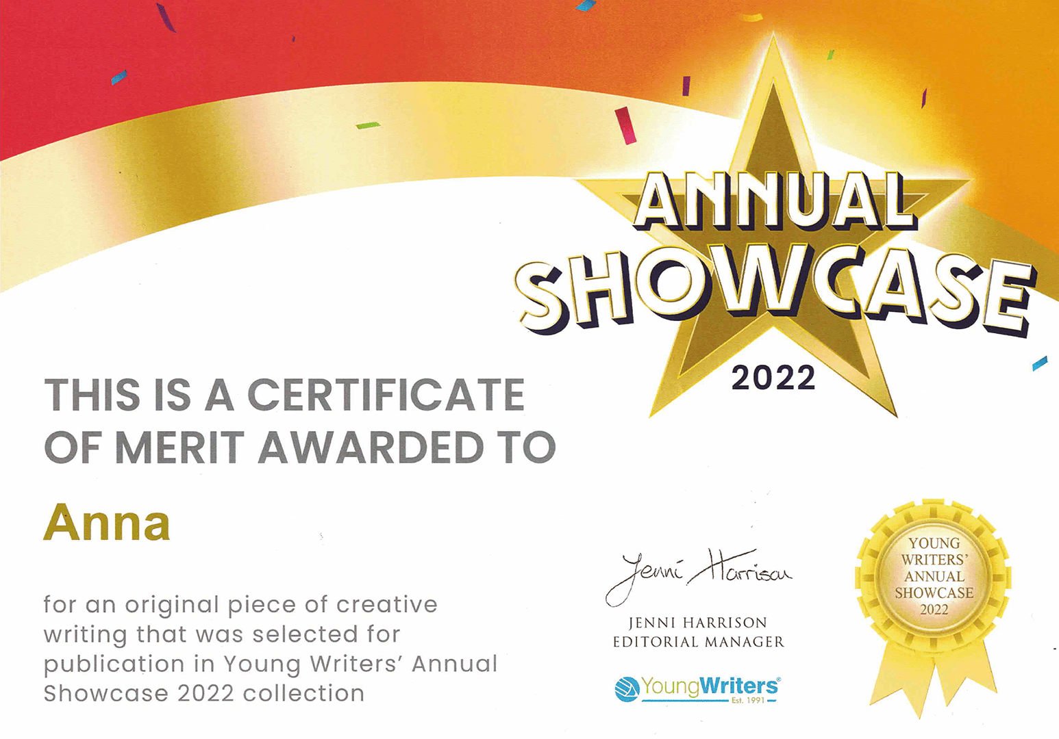 Anna - Annual Showcase 2022 - Young Writers - Certificate of Merit