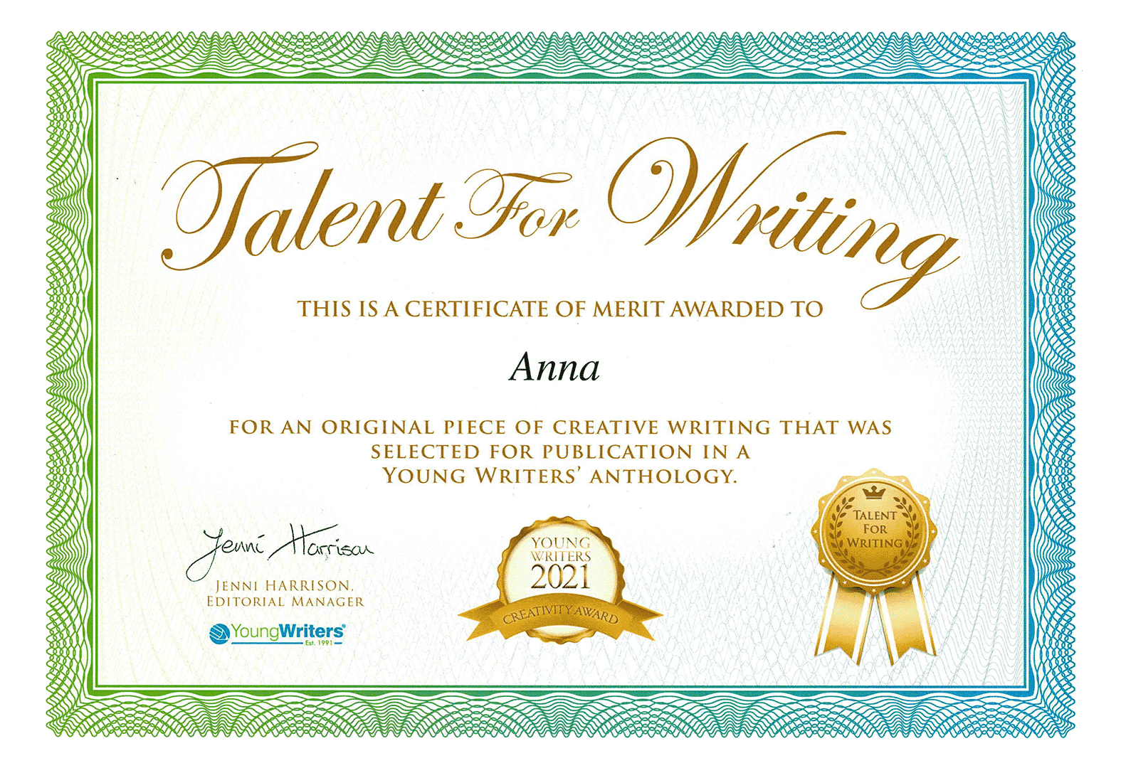 Anna - Talent For Writing - Young Writers - 2021