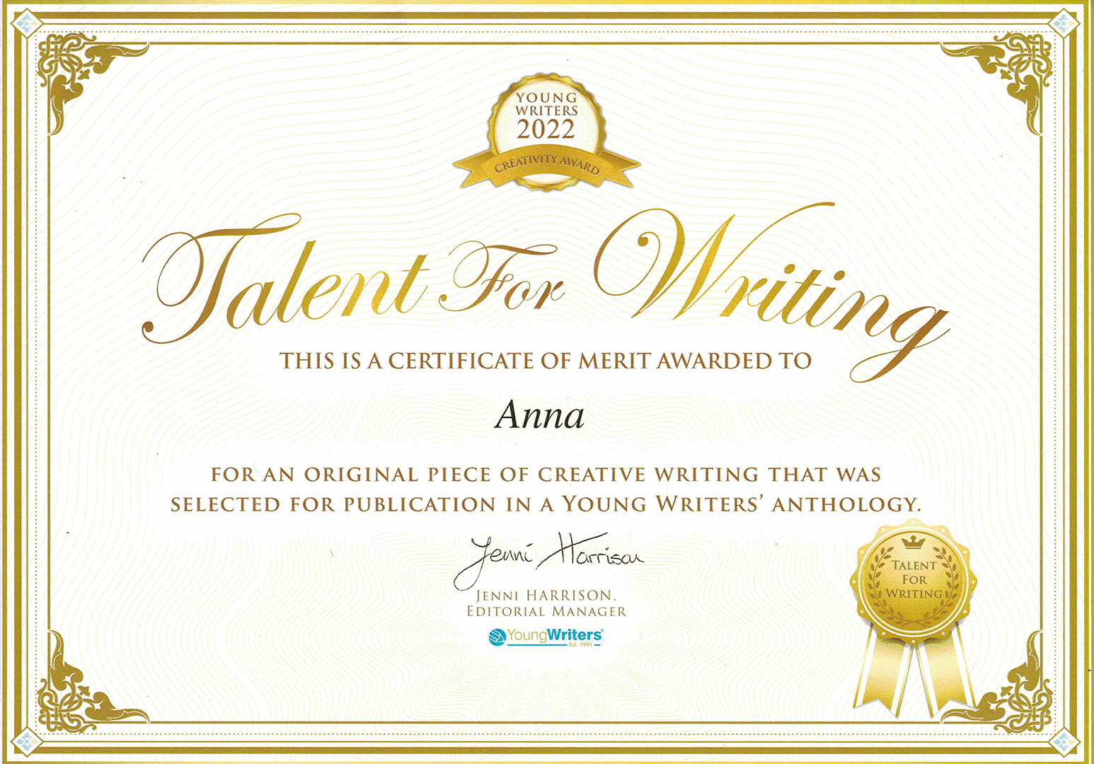 Anna - Talent For Writing - Young Writers - 2022