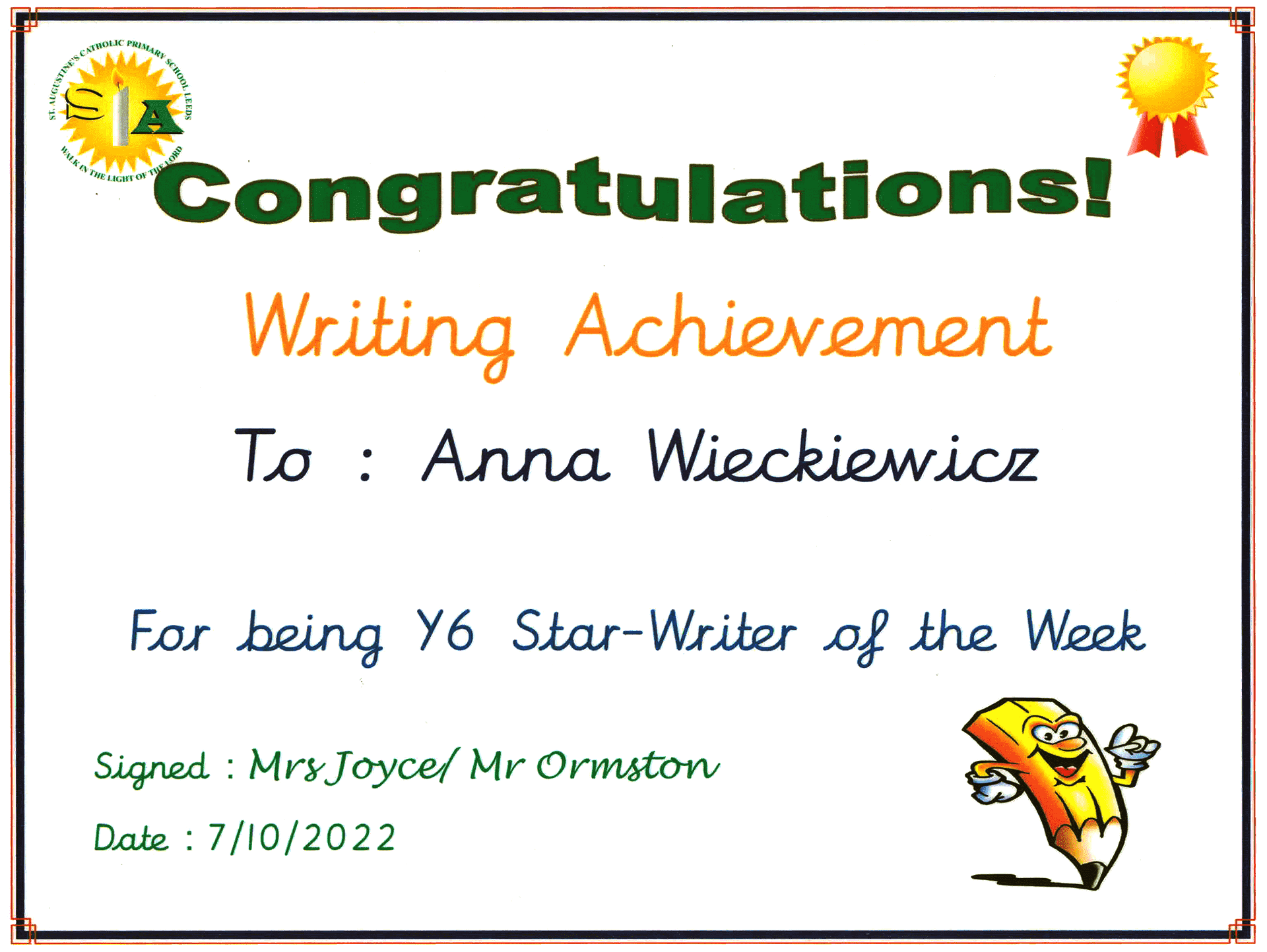 Anna St Augustine&rsquo;s Star-Writer of the Week 7 October 2022